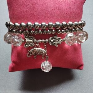 🆕1 Clear Beaded/Asst Elephant Charmed Bracelet w 2 Silver Stringed Accent NWT